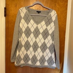 Tommy Hilfiger Women's V-Neck Argyle Sweater Gray Sz L